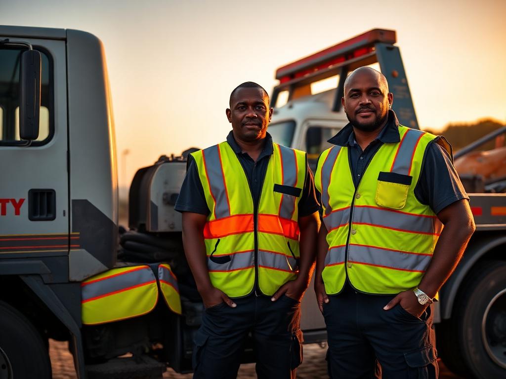 Galaxy Towing operators in safety vests beside a tow truck